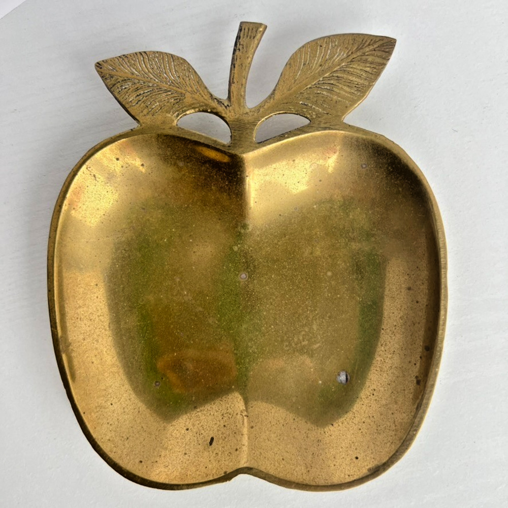 Solid Brass Apple Dish India Vintage Trinket Tray Fruit Decor 6in Mid Century 6"